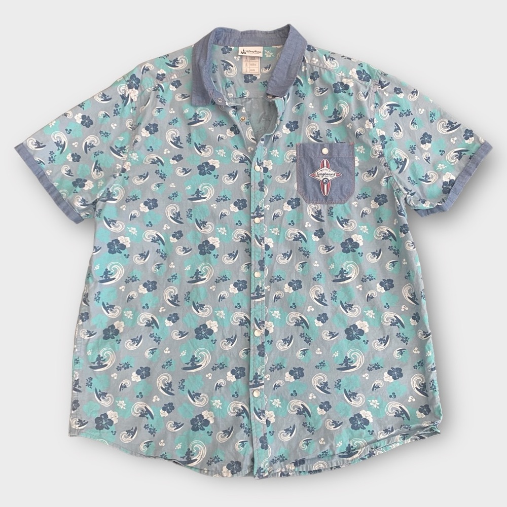 Disney Parks Men’s Shirt XL Mickey’s Longboard Surf Team Snap Button Hawaiian